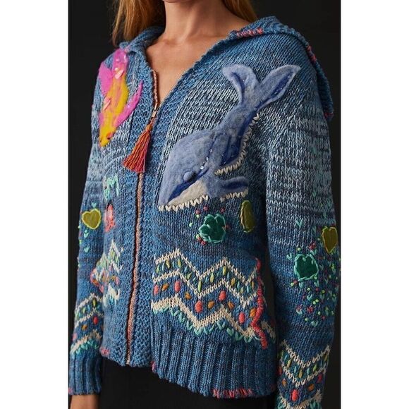 Anthropologie Wendy Wurtzburger Cardigan Sweater Save The Whales S Small NEW - Picture 1 of 6
